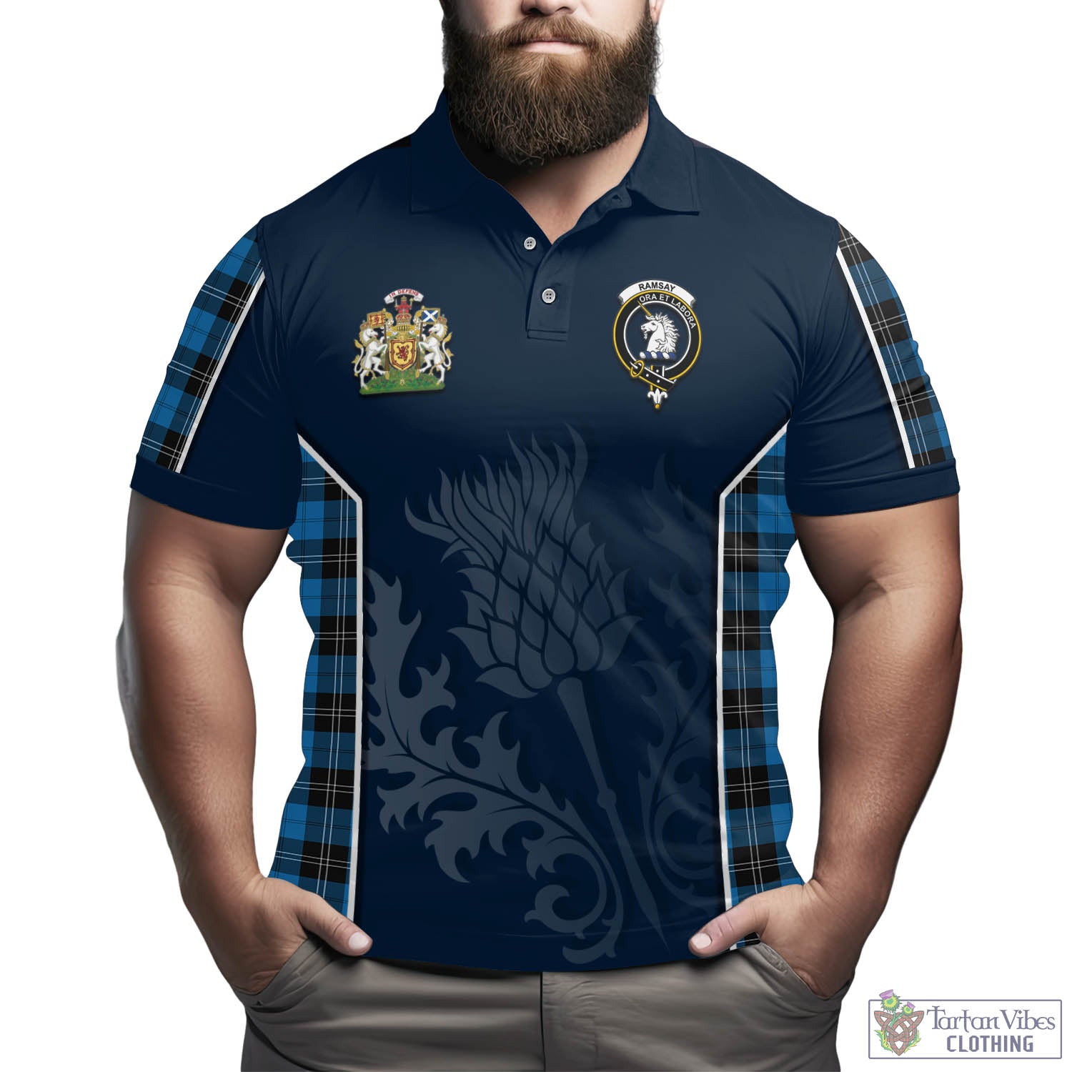 Tartan Vibes Clothing Ramsay Blue Ancient Tartan Men's Polo Shirt with Family Crest and Scottish Thistle Vibes Sport Style