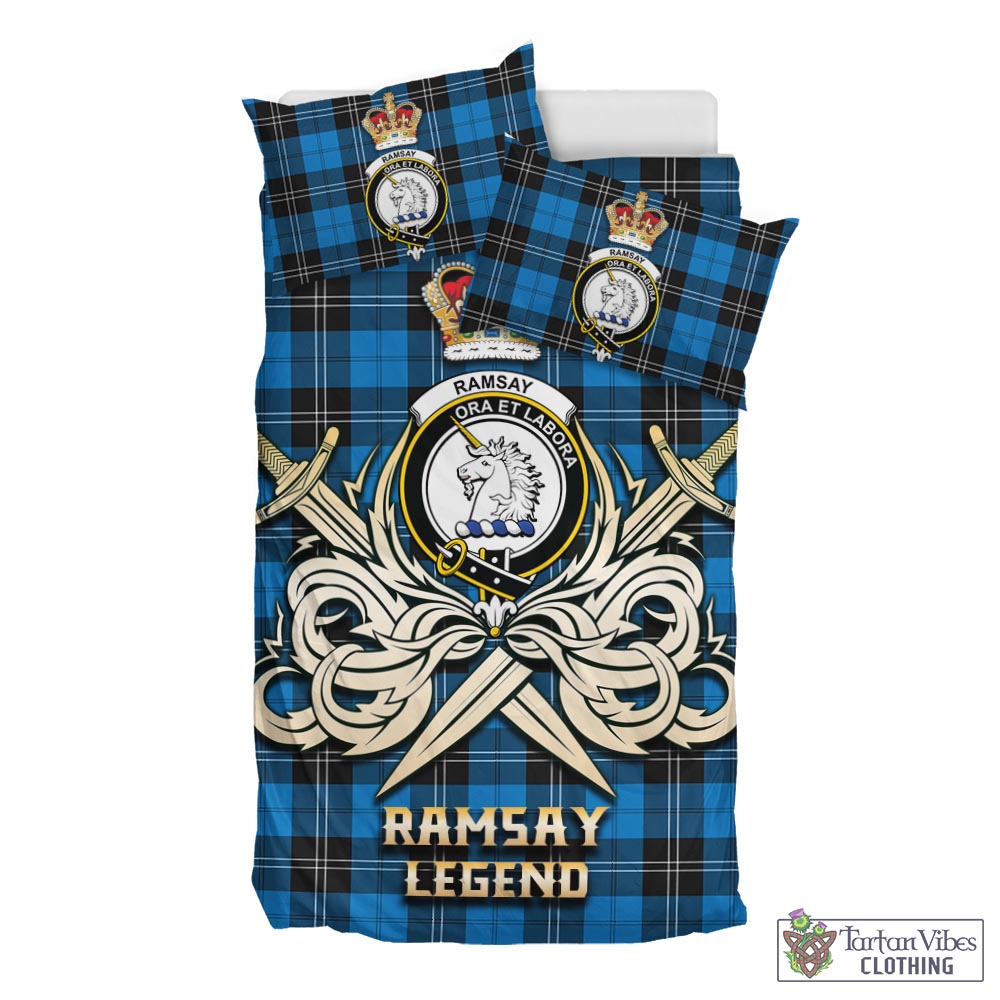 Tartan Vibes Clothing Ramsay Blue Ancient Tartan Bedding Set with Clan Crest and the Golden Sword of Courageous Legacy