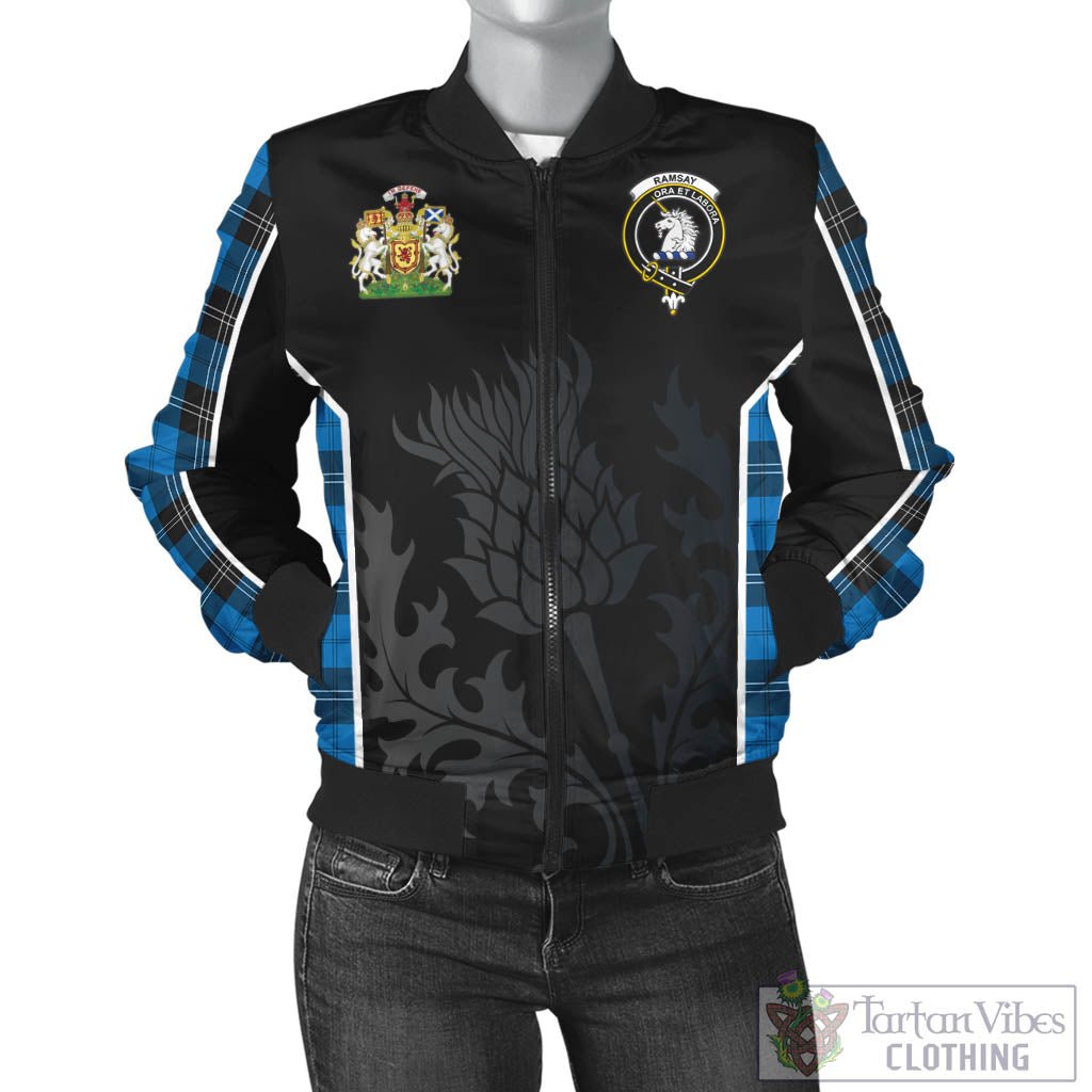 Tartan Vibes Clothing Ramsay Blue Ancient Tartan Bomber Jacket with Family Crest and Scottish Thistle Vibes Sport Style