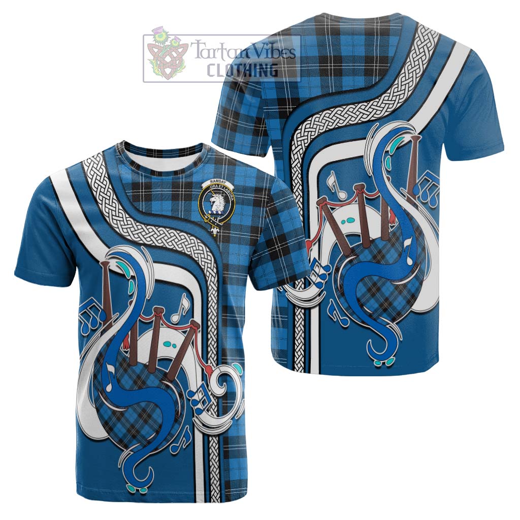 Tartan Vibes Clothing Ramsay Blue Ancient Tartan Cotton T-shirt with Epic Bagpipe Style