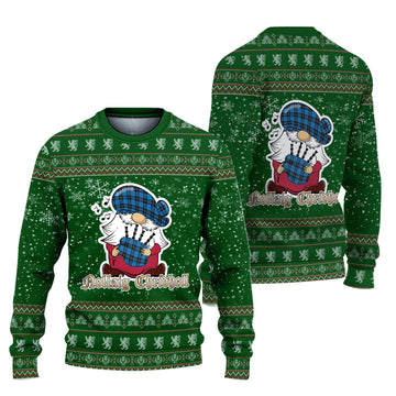 Ramsay Blue Ancient Clan Christmas Family Knitted Sweater with Funny Gnome Playing Bagpipes