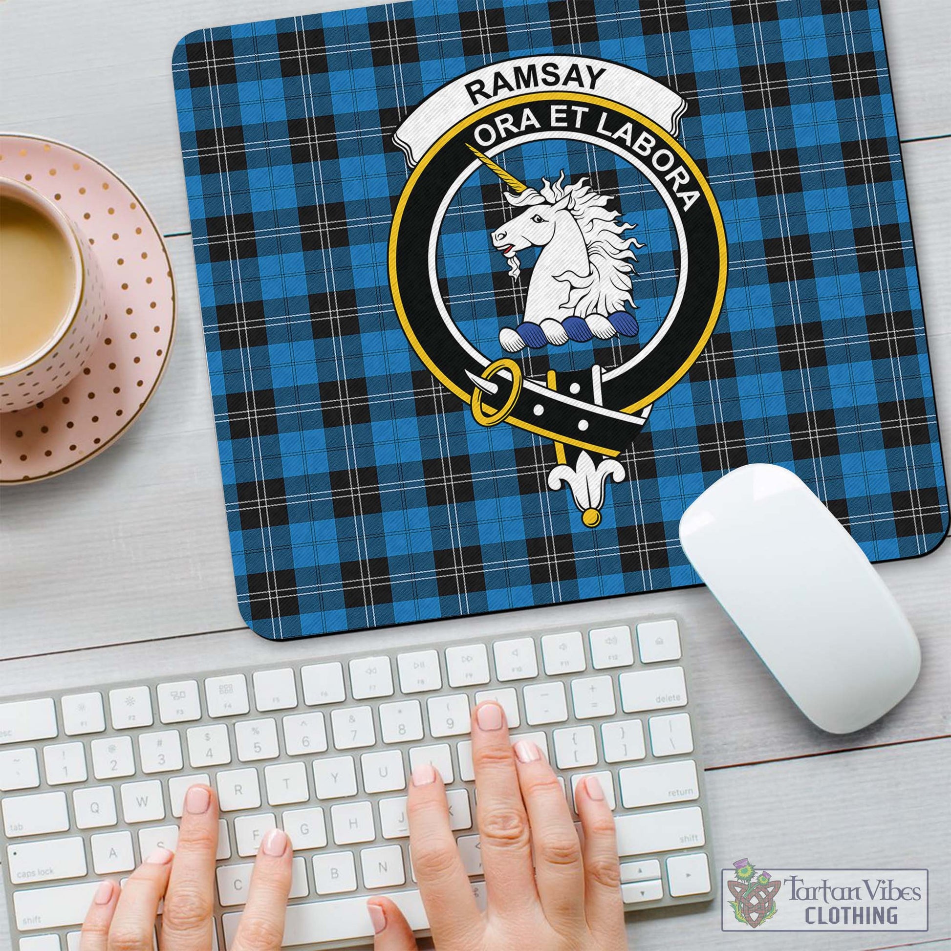 Tartan Vibes Clothing Ramsay Blue Ancient Tartan Mouse Pad with Family Crest