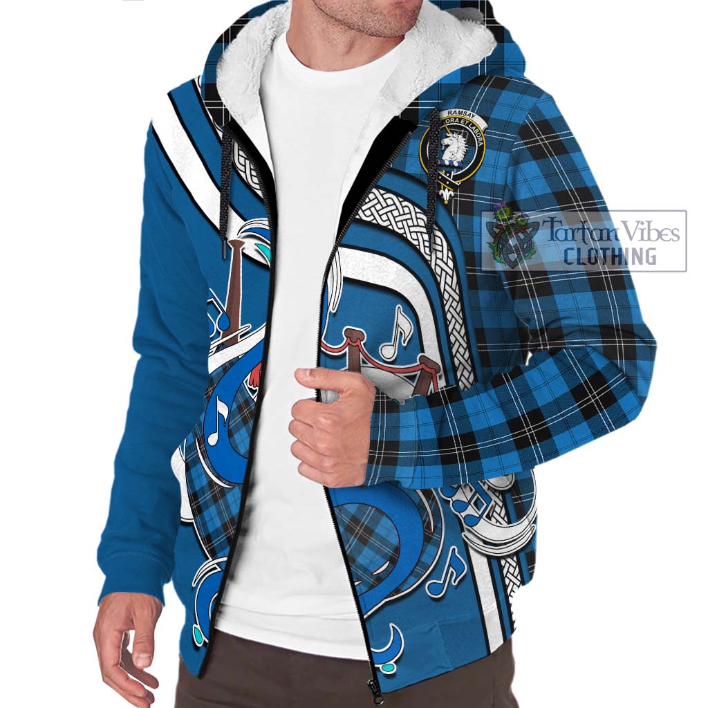 Tartan Vibes Clothing Ramsay Blue Ancient Tartan Sherpa Hoodie with Epic Bagpipe Style