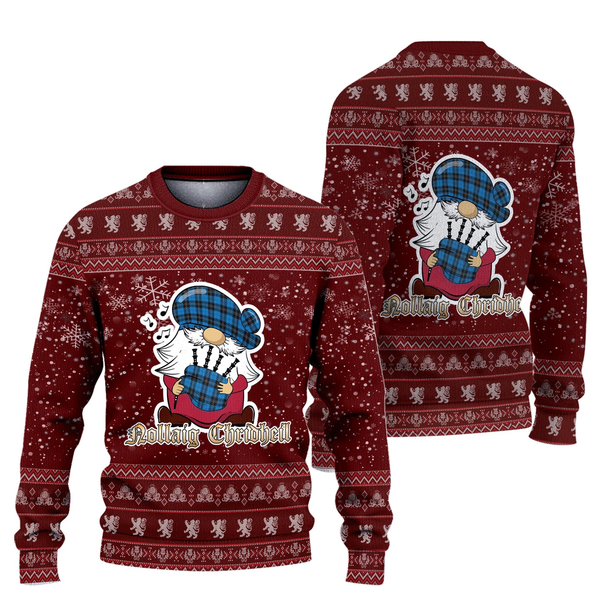 Ramsay Blue Ancient Clan Christmas Family Knitted Sweater with Funny Gnome Playing Bagpipes Unisex Red - Tartanvibesclothing