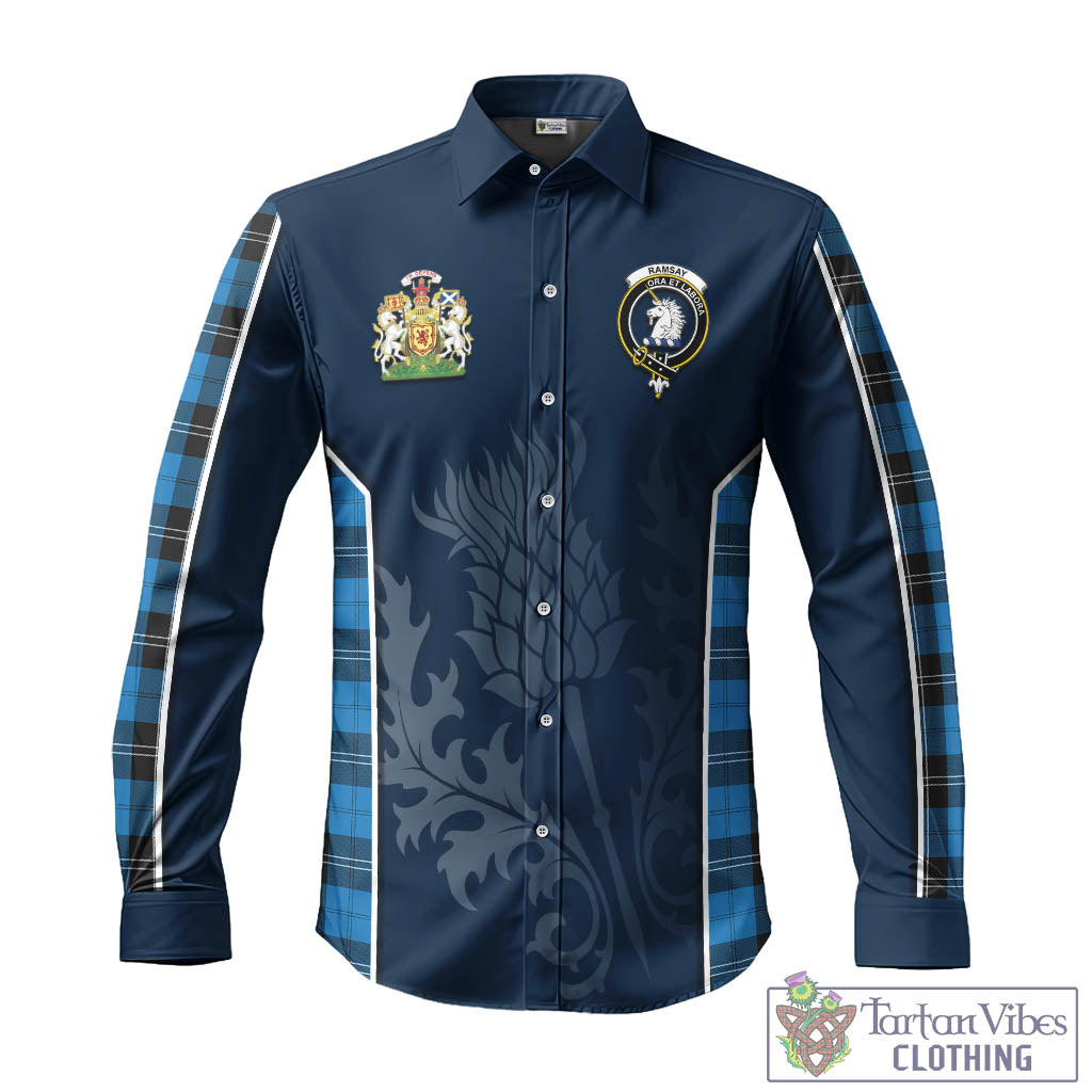 Tartan Vibes Clothing Ramsay Blue Ancient Tartan Long Sleeve Button Up Shirt with Family Crest and Scottish Thistle Vibes Sport Style