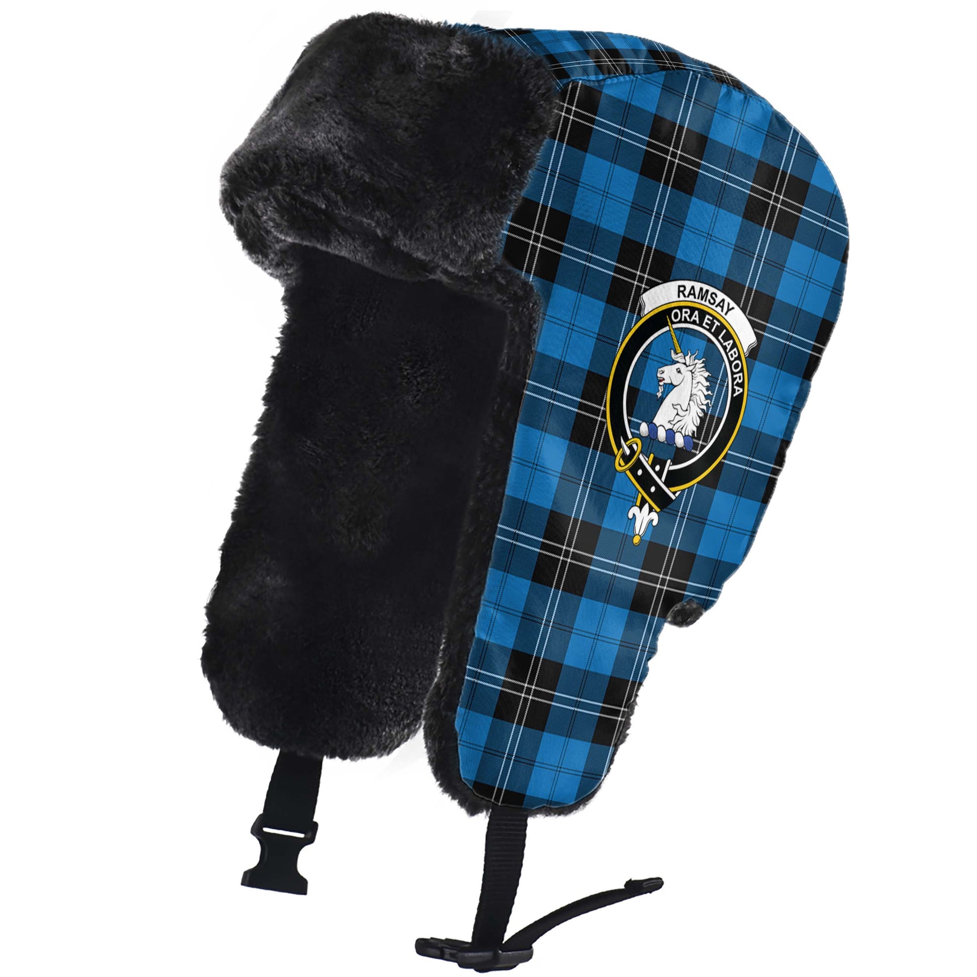 Ramsay Blue Ancient Tartan Winter Trapper Hat with Family Crest - Tartanvibesclothing