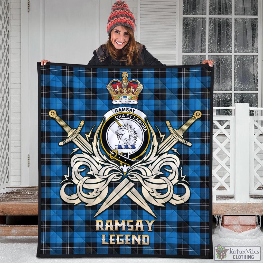 Tartan Vibes Clothing Ramsay Blue Ancient Tartan Quilt with Clan Crest and the Golden Sword of Courageous Legacy