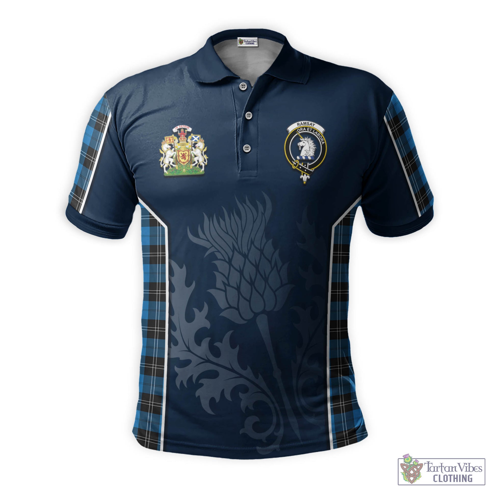 Tartan Vibes Clothing Ramsay Blue Ancient Tartan Men's Polo Shirt with Family Crest and Scottish Thistle Vibes Sport Style