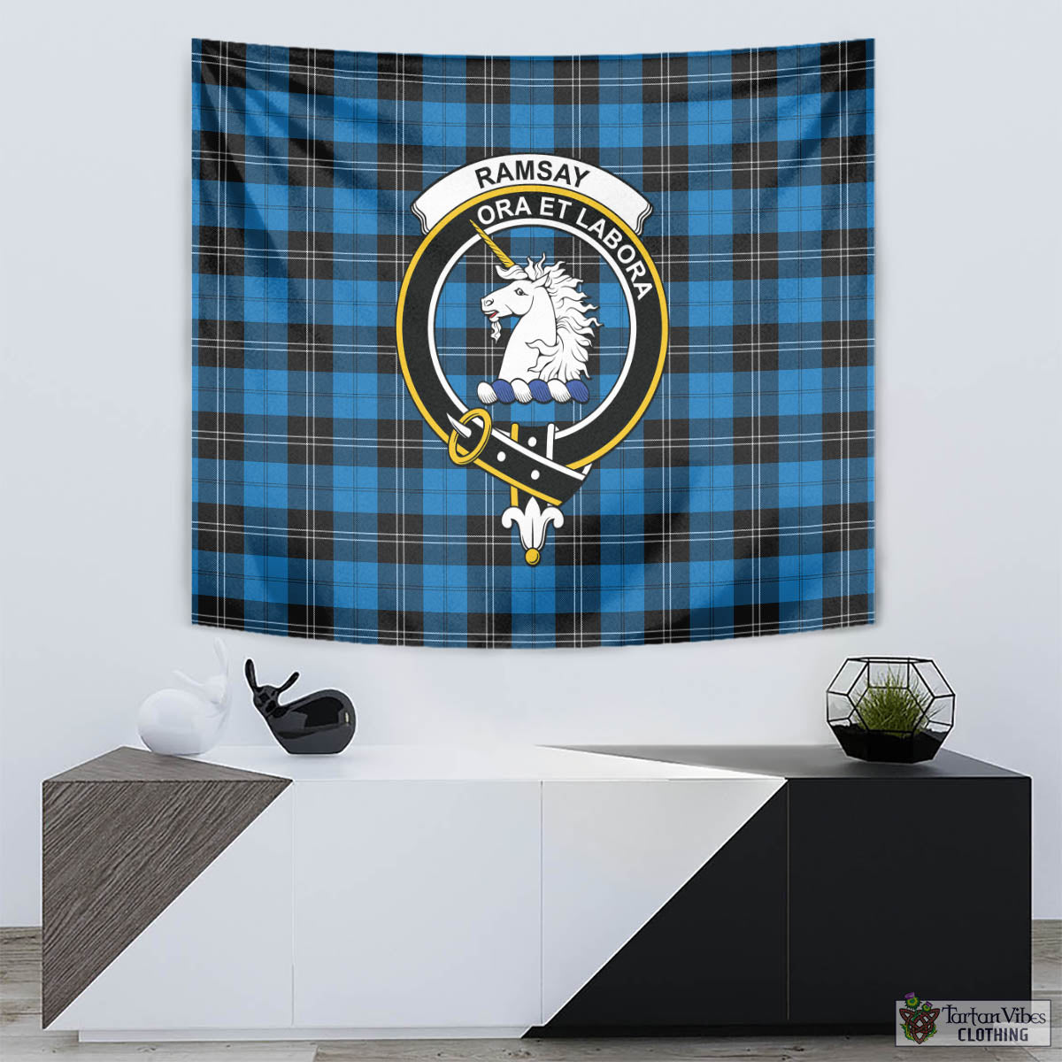 Tartan Vibes Clothing Ramsay Blue Ancient Tartan Tapestry Wall Hanging and Home Decor for Room with Family Crest