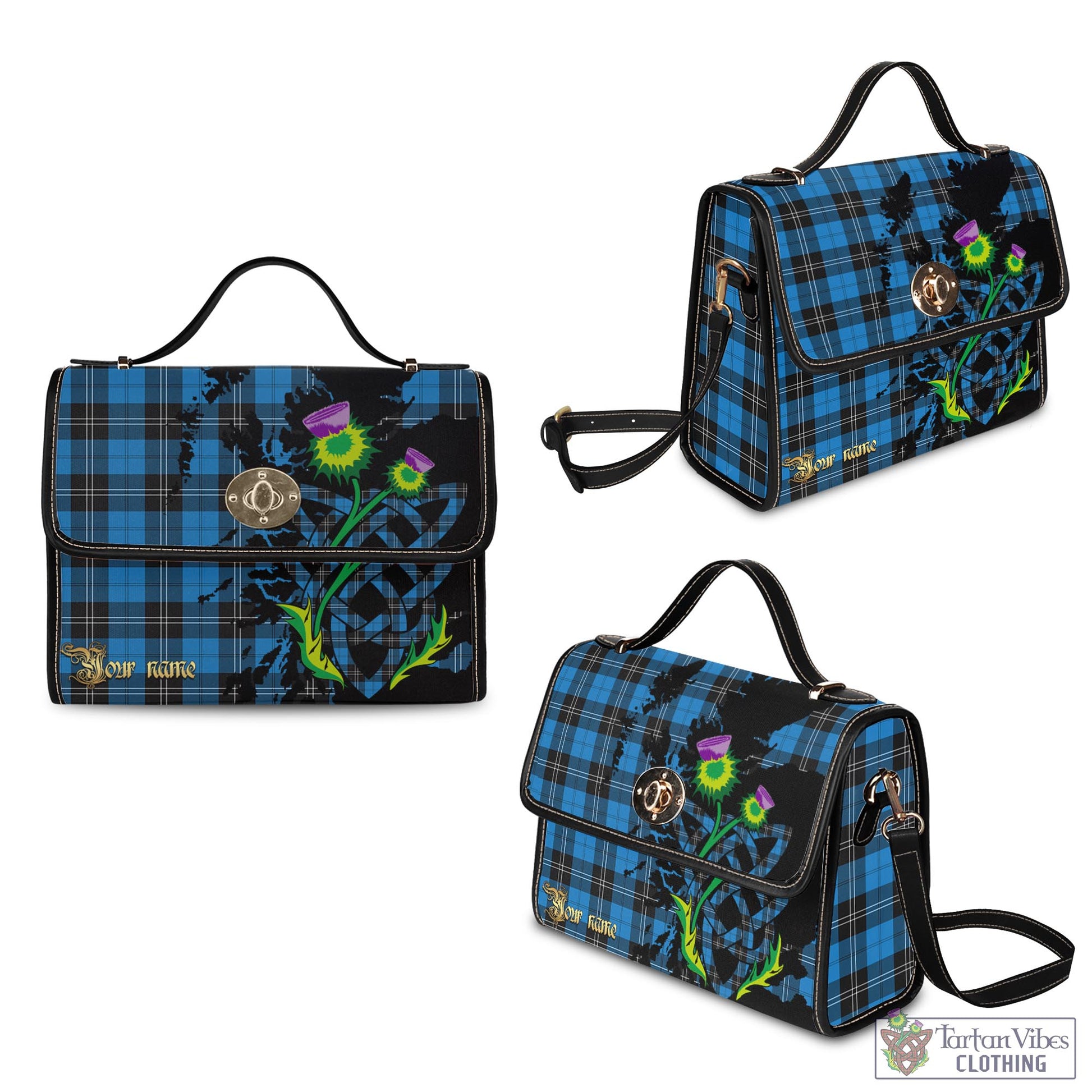 Tartan Vibes Clothing Ramsay Blue Ancient Tartan Waterproof Canvas Bag with Scotland Map and Thistle Celtic Accents