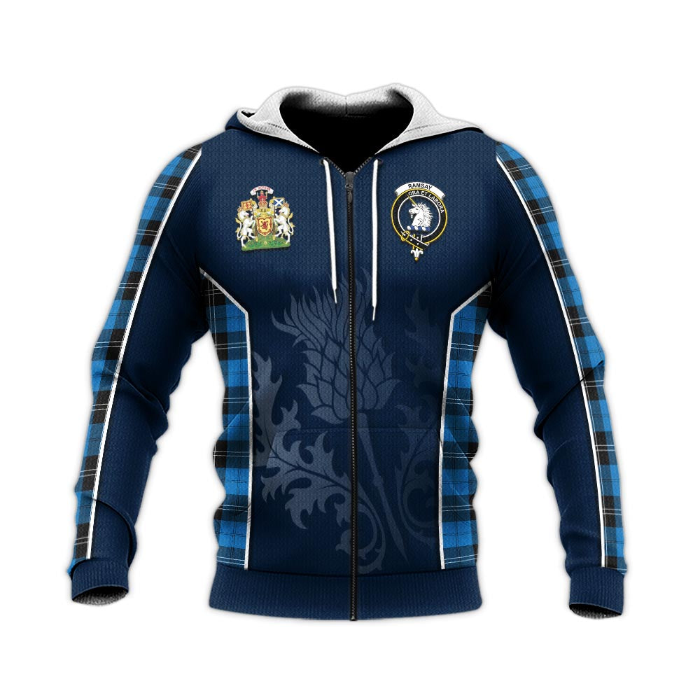 Tartan Vibes Clothing Ramsay Blue Ancient Tartan Knitted Hoodie with Family Crest and Scottish Thistle Vibes Sport Style