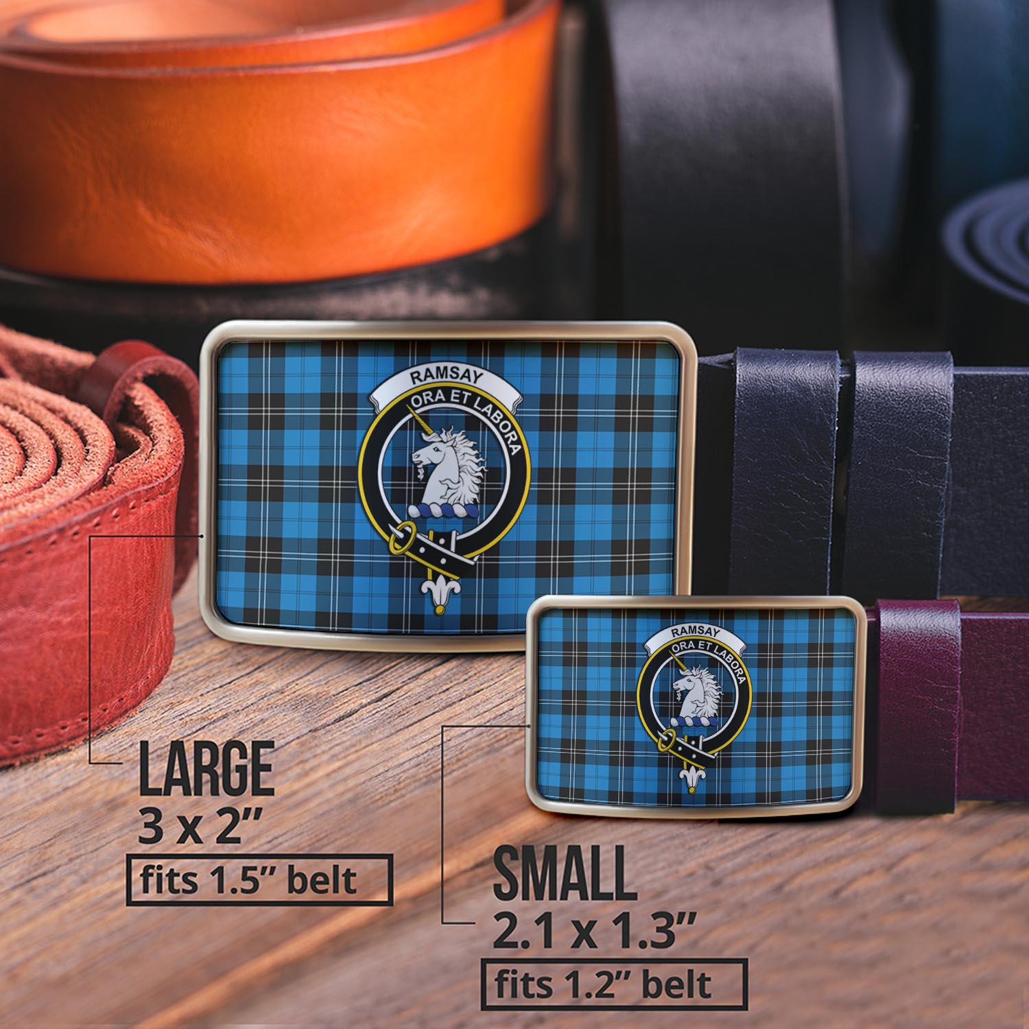 Ramsay Blue Ancient Tartan Belt Buckles with Family Crest - Tartan Vibes Clothing