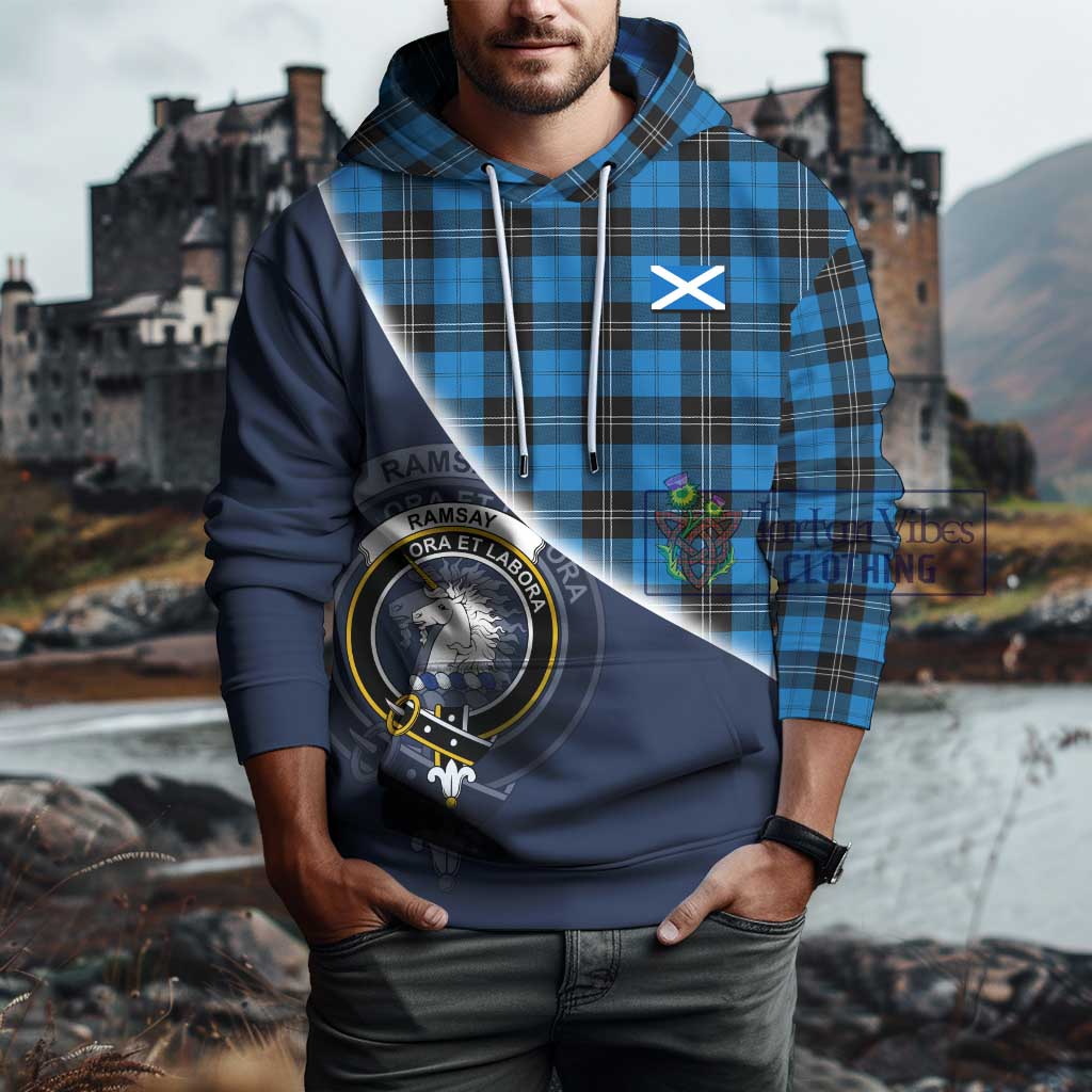 Tartan Vibes Clothing Ramsay Blue Ancient Tartan Hoodie with Personalised National Flag and Family Crest Half Style