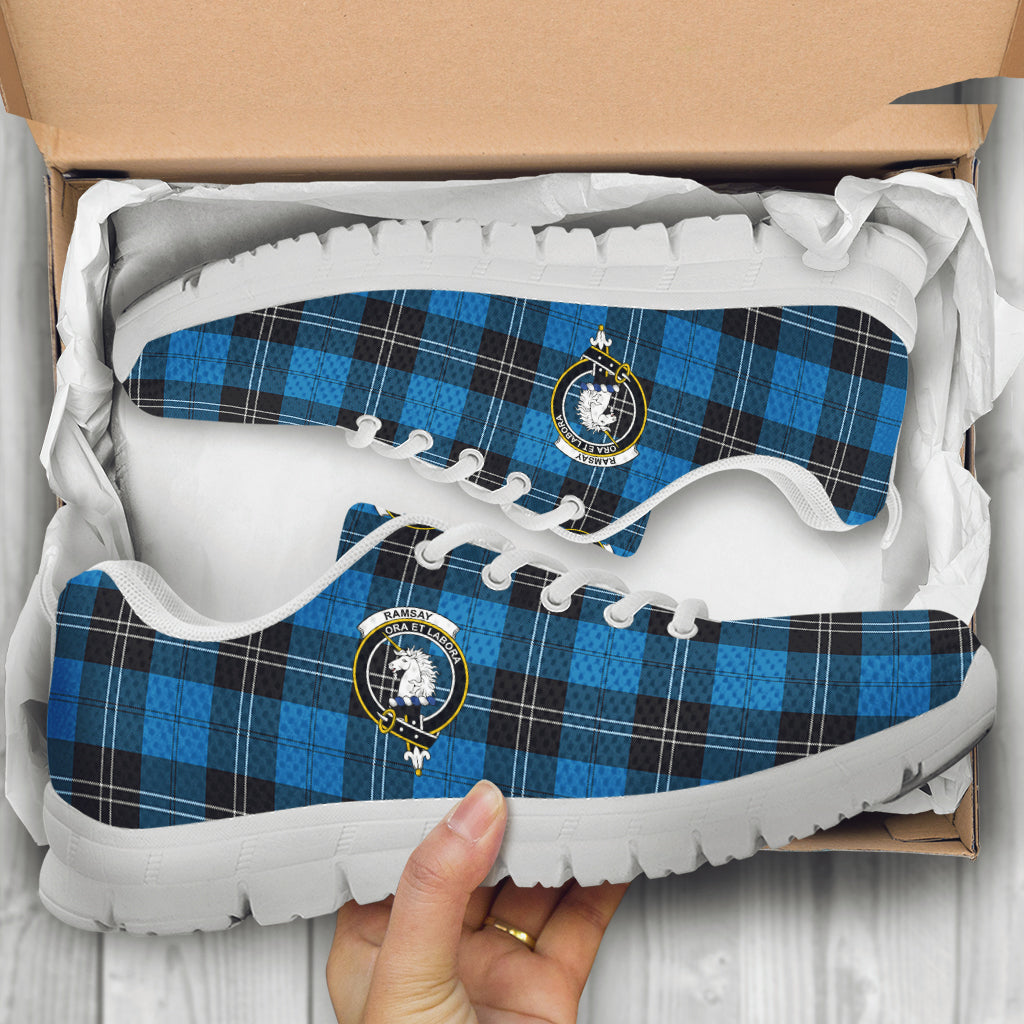 Ramsay Blue Ancient Tartan Sneakers with Family Crest - Tartan Vibes Clothing