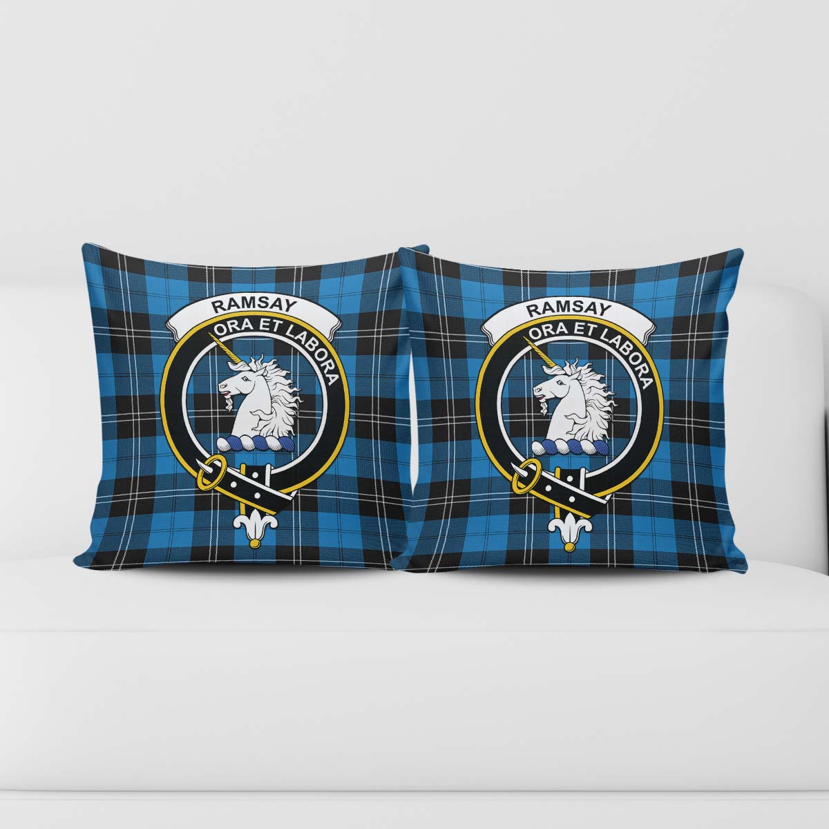 Ramsay Blue Ancient Tartan Pillow Cover with Family Crest - Tartanvibesclothing