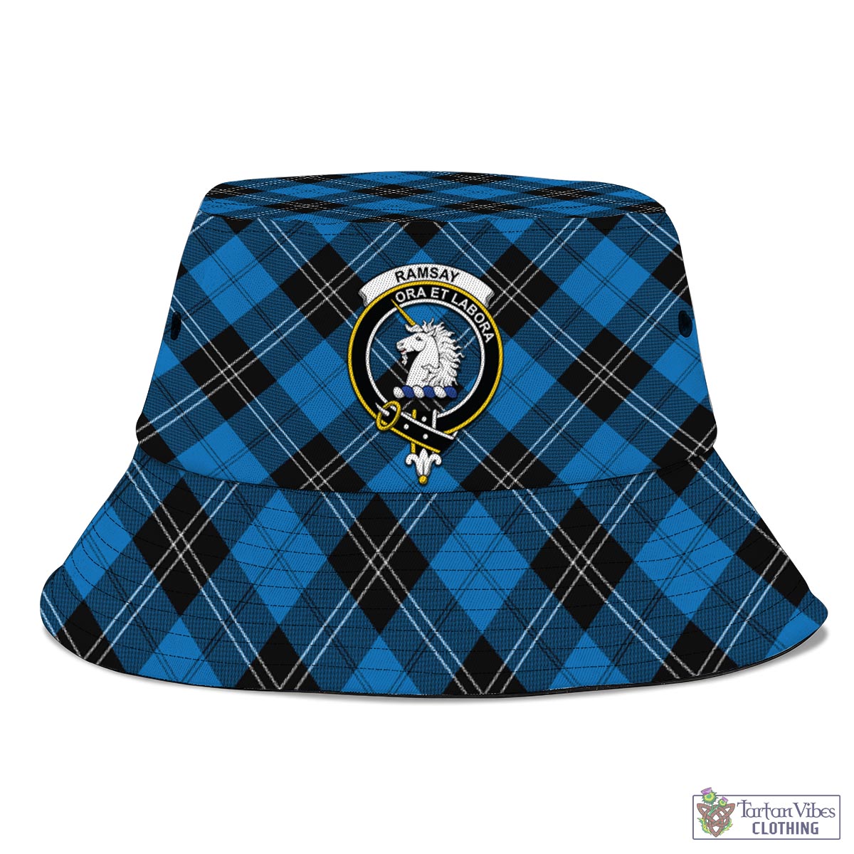 Tartan Vibes Clothing Ramsay Blue Ancient Tartan Bucket Hat with Family Crest
