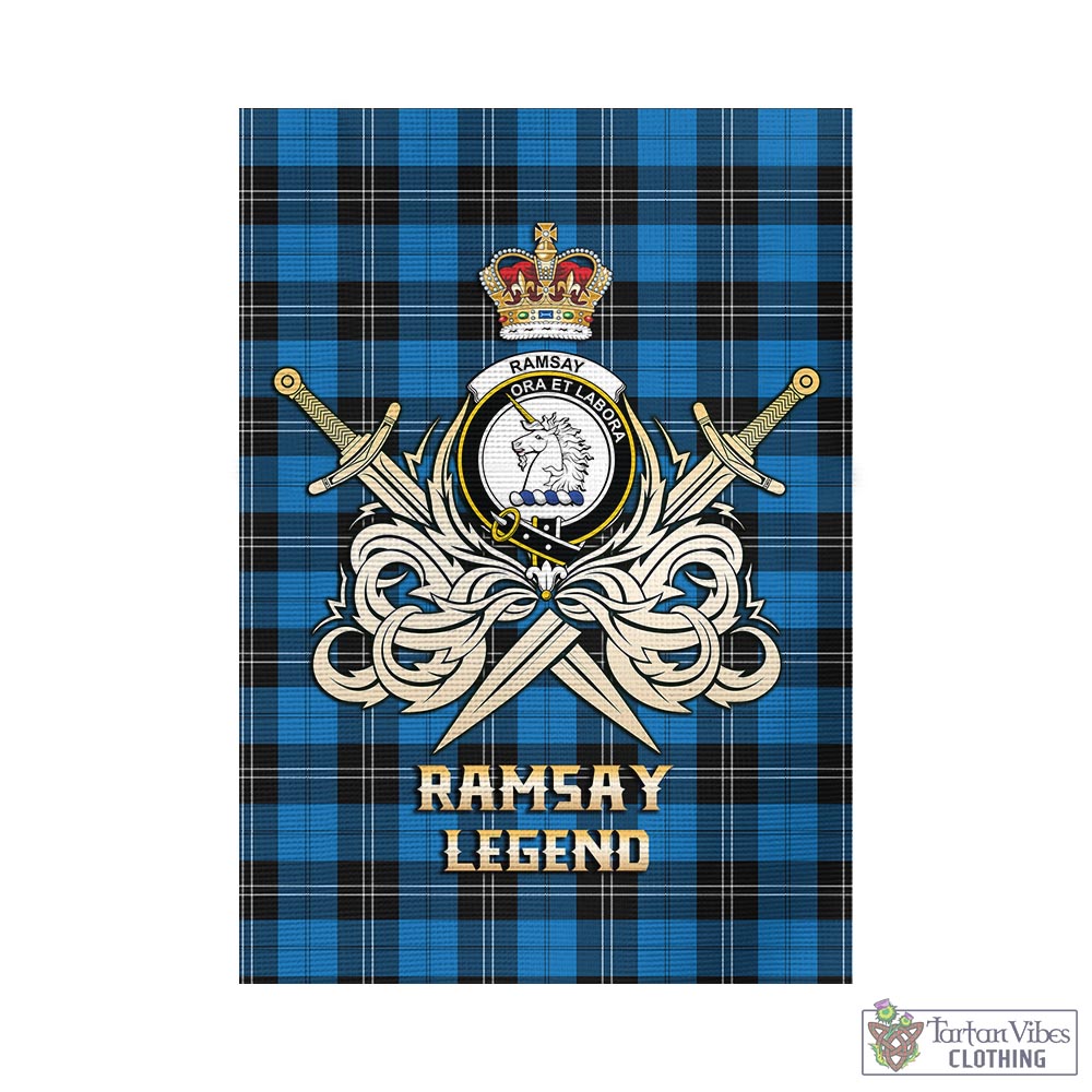 Tartan Vibes Clothing Ramsay Blue Ancient Tartan Flag with Clan Crest and the Golden Sword of Courageous Legacy