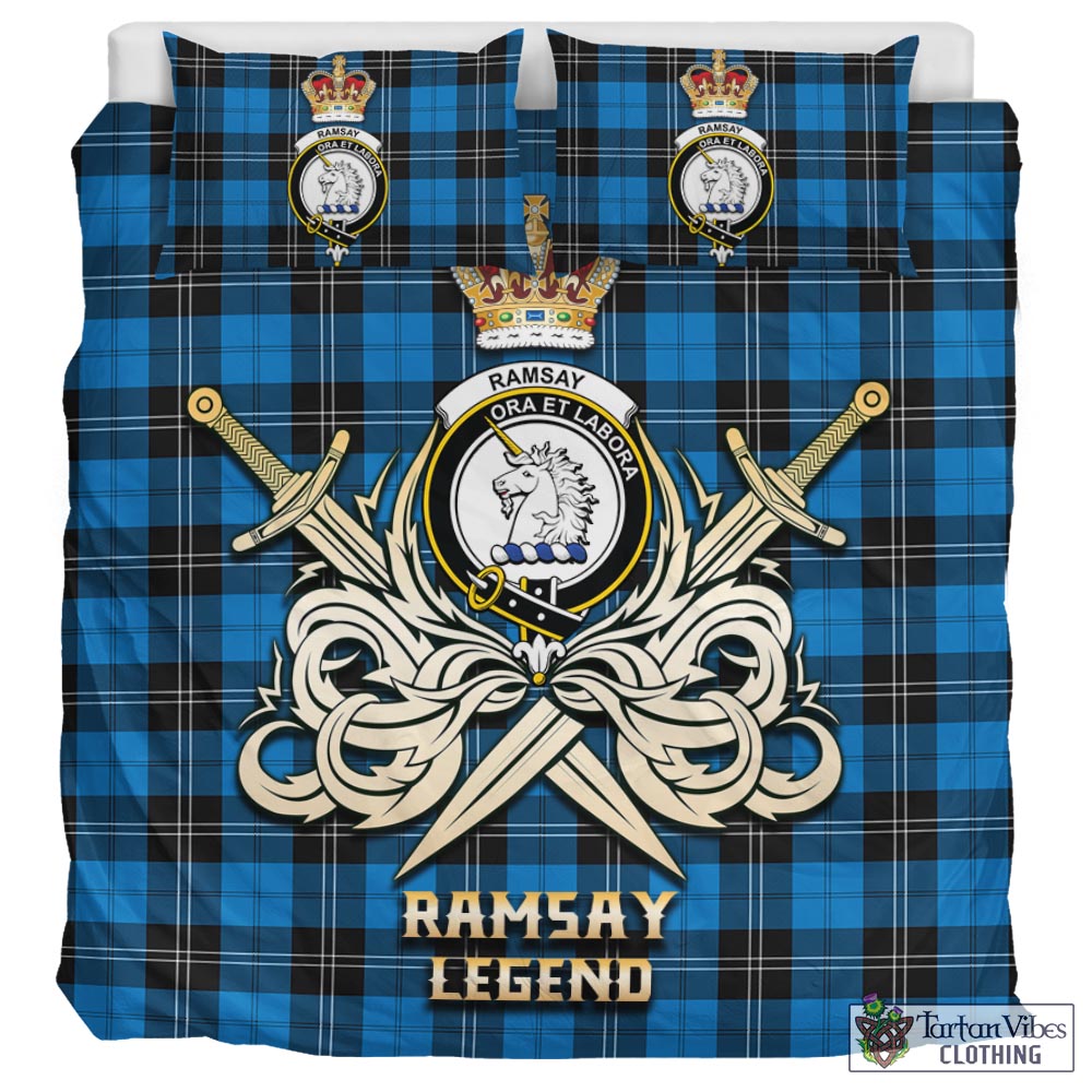 Tartan Vibes Clothing Ramsay Blue Ancient Tartan Bedding Set with Clan Crest and the Golden Sword of Courageous Legacy