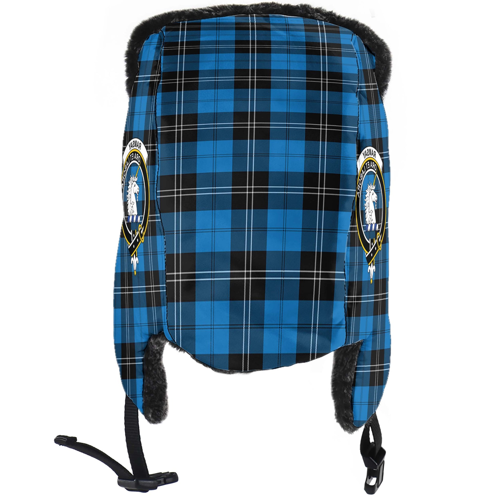 Ramsay Blue Ancient Tartan Winter Trapper Hat with Family Crest - Tartanvibesclothing