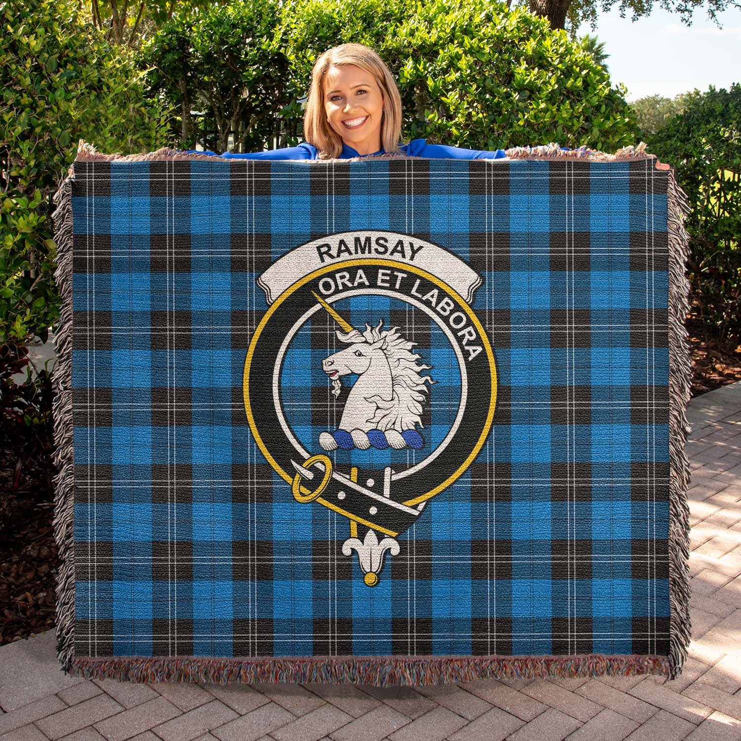 Tartan Vibes Clothing Ramsay Blue Ancient Tartan Woven Blanket with Family Crest