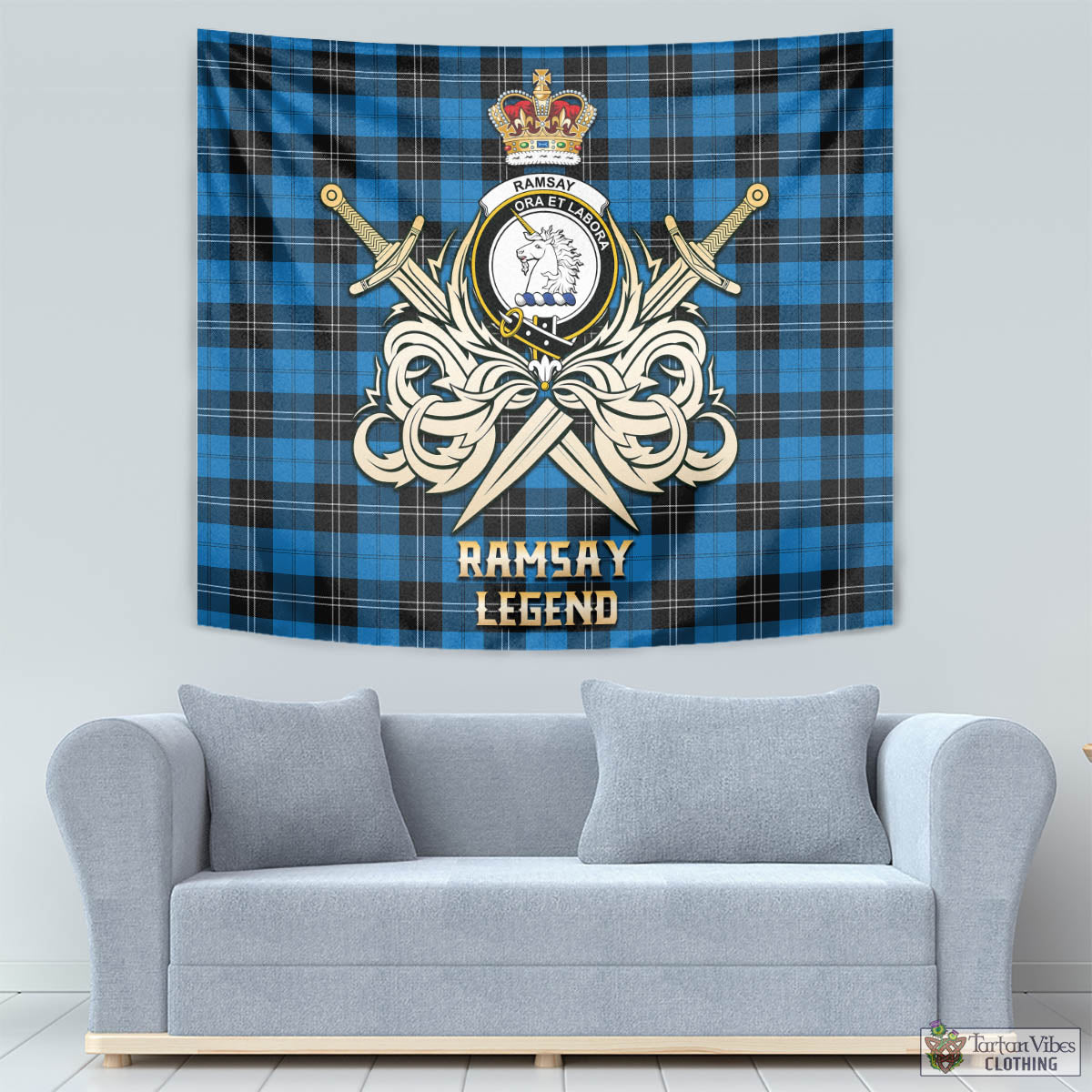 Tartan Vibes Clothing Ramsay Blue Ancient Tartan Tapestry with Clan Crest and the Golden Sword of Courageous Legacy