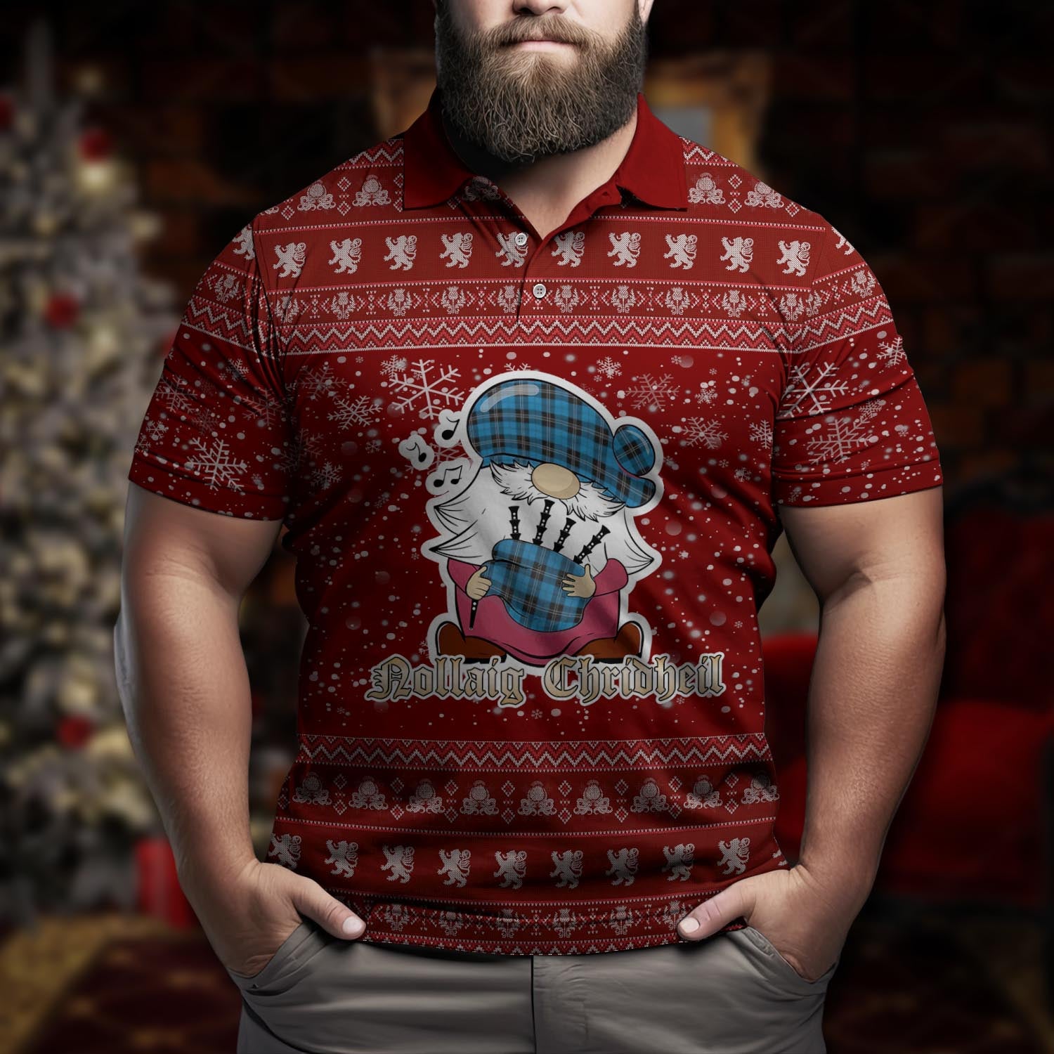 Ramsay Blue Ancient Clan Christmas Family Polo Shirt with Funny Gnome Playing Bagpipes Men's Polo Shirt Red - Tartanvibesclothing