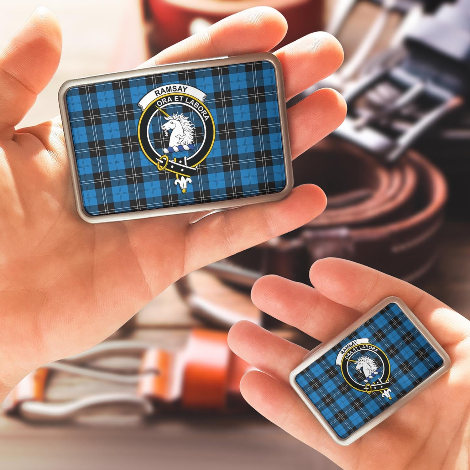 Ramsay Blue Ancient Tartan Belt Buckles with Family Crest - Tartan Vibes Clothing