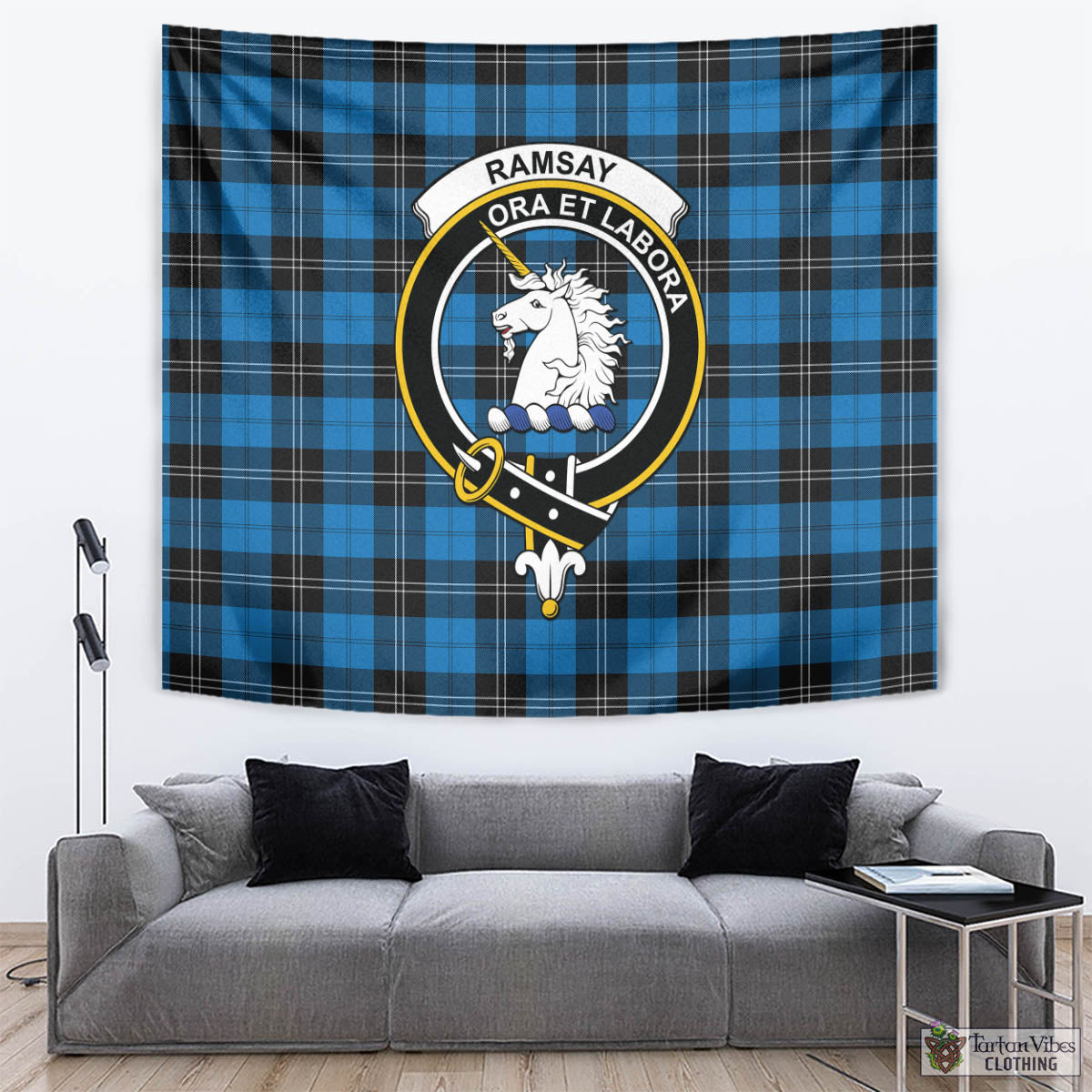 Tartan Vibes Clothing Ramsay Blue Ancient Tartan Tapestry Wall Hanging and Home Decor for Room with Family Crest