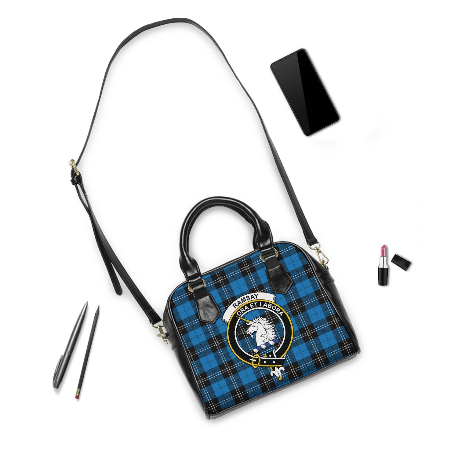 Ramsay Blue Ancient Tartan Shoulder Handbags with Family Crest - Tartanvibesclothing
