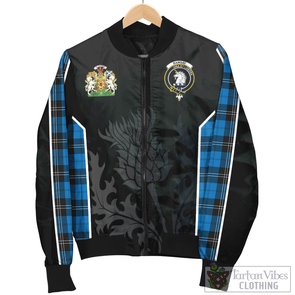 Tartan Vibes Clothing Ramsay Blue Ancient Tartan Bomber Jacket with Family Crest and Scottish Thistle Vibes Sport Style