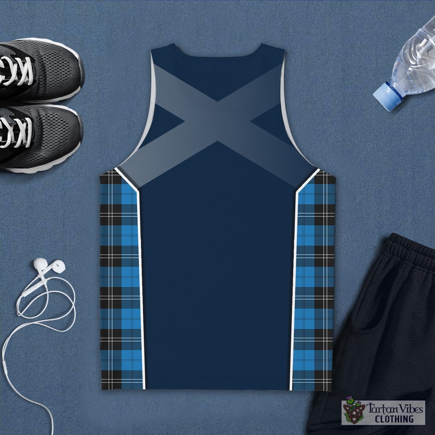 Tartan Vibes Clothing Ramsay Blue Ancient Tartan Men's Tanks Top with Family Crest and Scottish Thistle Vibes Sport Style