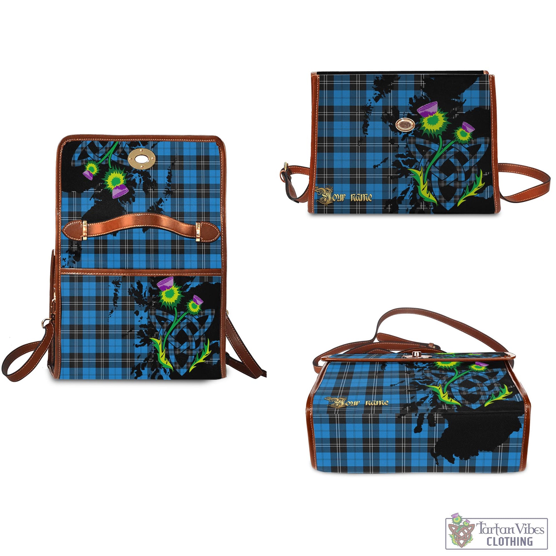 Tartan Vibes Clothing Ramsay Blue Ancient Tartan Waterproof Canvas Bag with Scotland Map and Thistle Celtic Accents