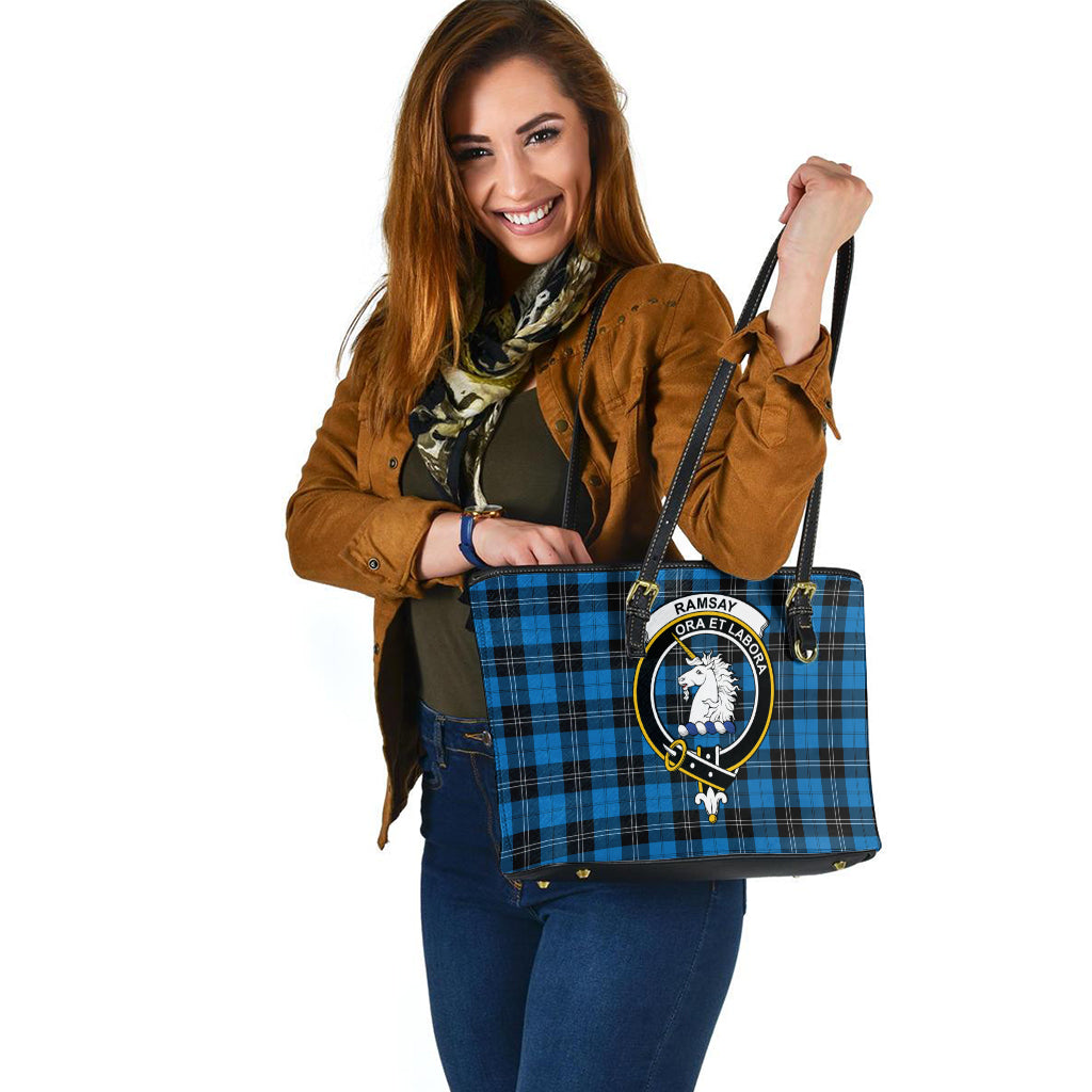 Ramsay Blue Ancient Tartan Leather Tote Bag with Family Crest - Tartan Vibes Clothing