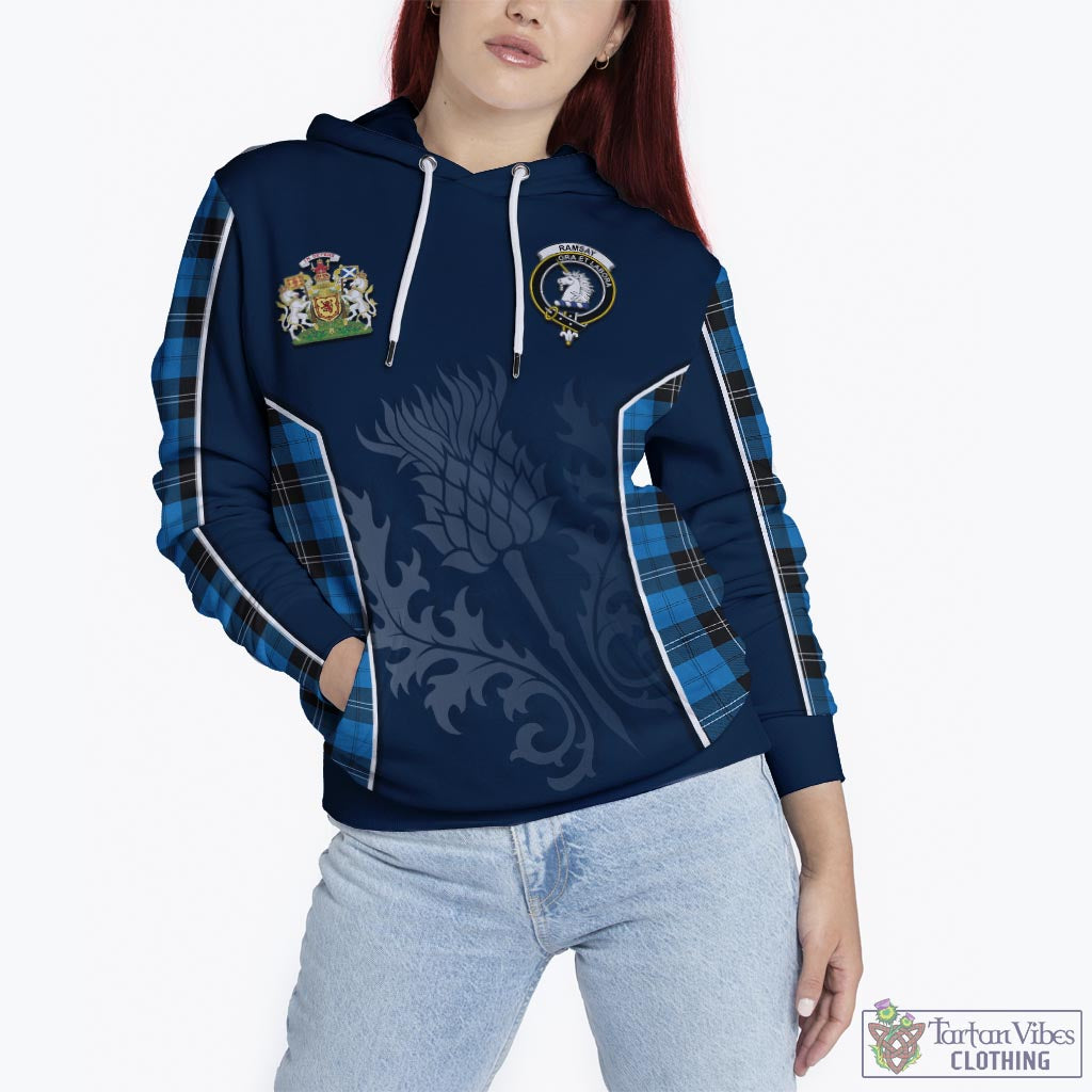 Tartan Vibes Clothing Ramsay Blue Ancient Tartan Hoodie with Family Crest and Scottish Thistle Vibes Sport Style