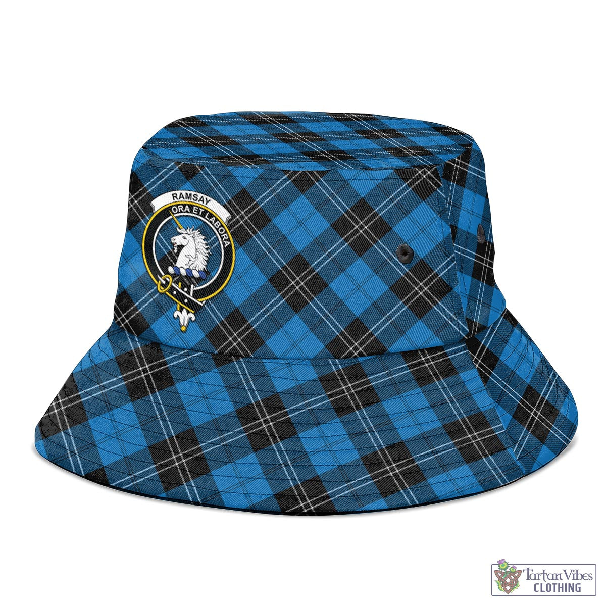 Tartan Vibes Clothing Ramsay Blue Ancient Tartan Bucket Hat with Family Crest