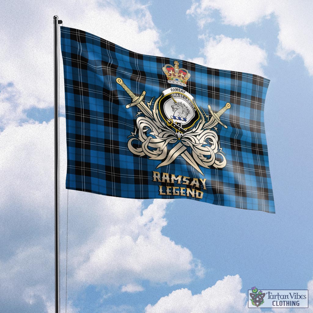 Tartan Vibes Clothing Ramsay Blue Ancient Tartan Flag with Clan Crest and the Golden Sword of Courageous Legacy