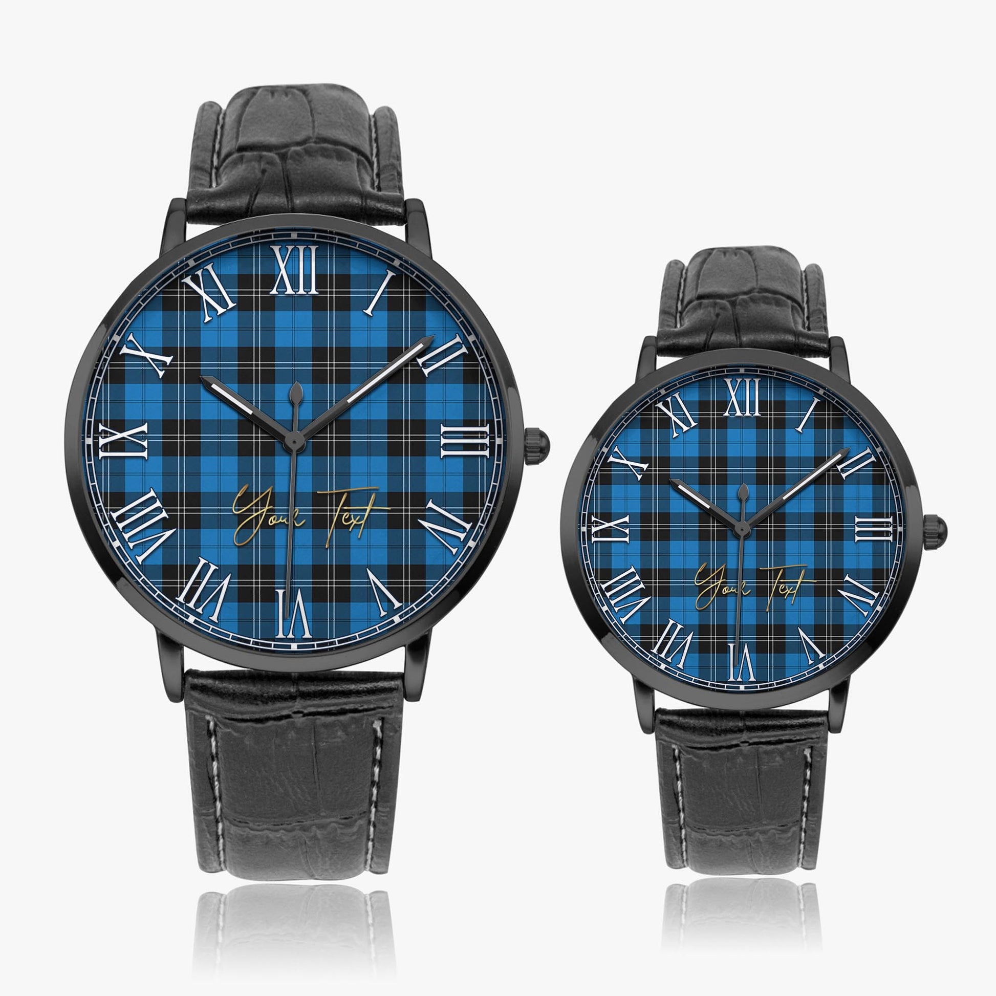 Ramsay Blue Ancient Tartan Personalized Your Text Leather Trap Quartz Watch Ultra Thin Black Case With Black Leather Strap - Tartanvibesclothing