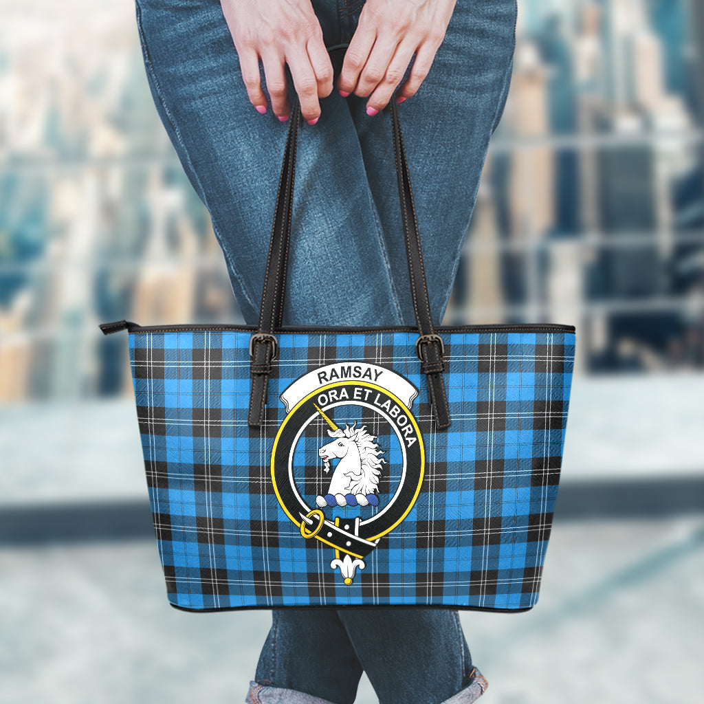 Ramsay Blue Ancient Tartan Leather Tote Bag with Family Crest - Tartan Vibes Clothing