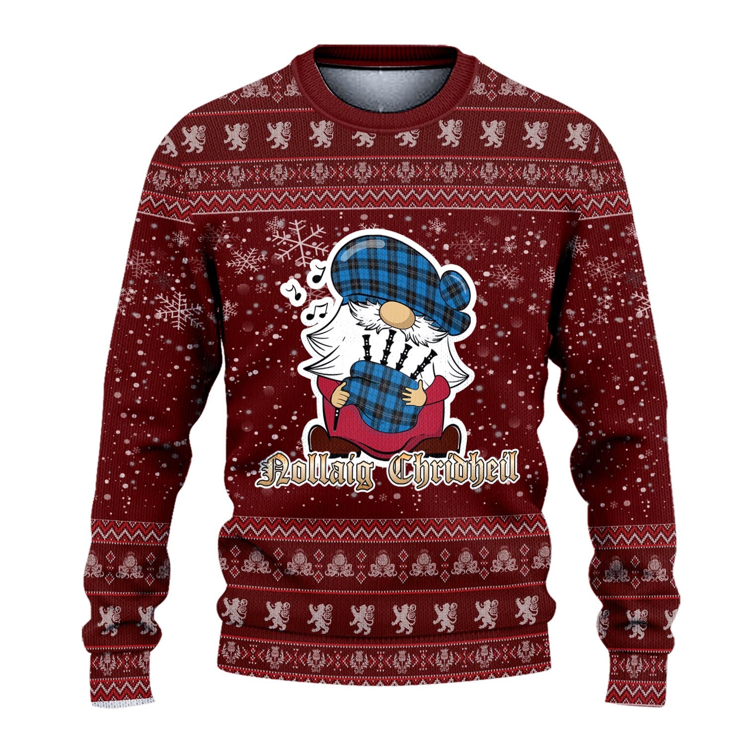 Ramsay Blue Ancient Clan Christmas Family Knitted Sweater with Funny Gnome Playing Bagpipes - Tartanvibesclothing