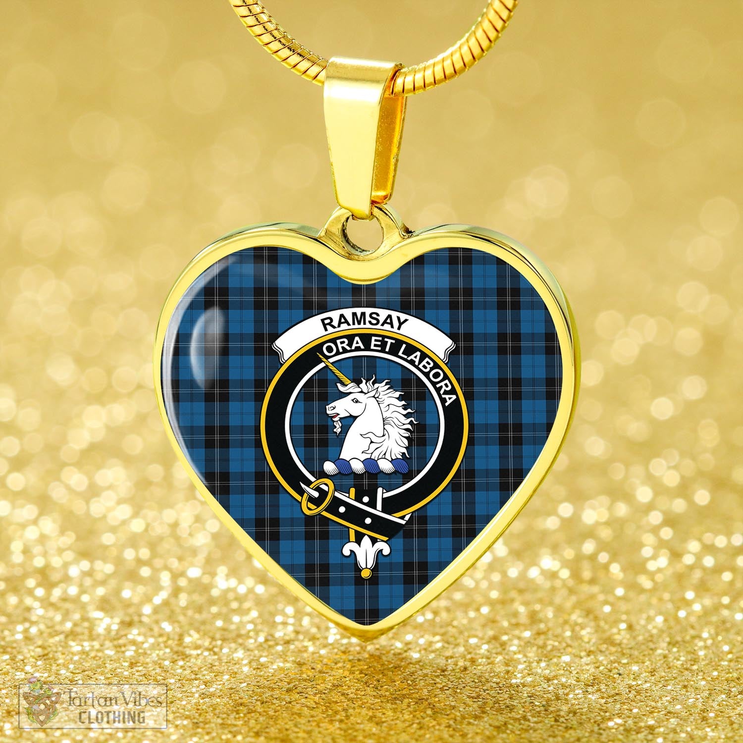 Tartan Vibes Clothing Ramsay Blue Hunting Tartan Heart Necklace with Family Crest