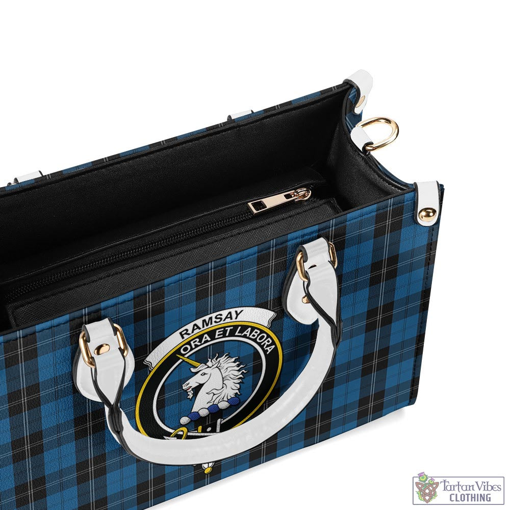 Tartan Vibes Clothing Ramsay Blue Hunting Tartan Luxury Leather Handbags with Family Crest