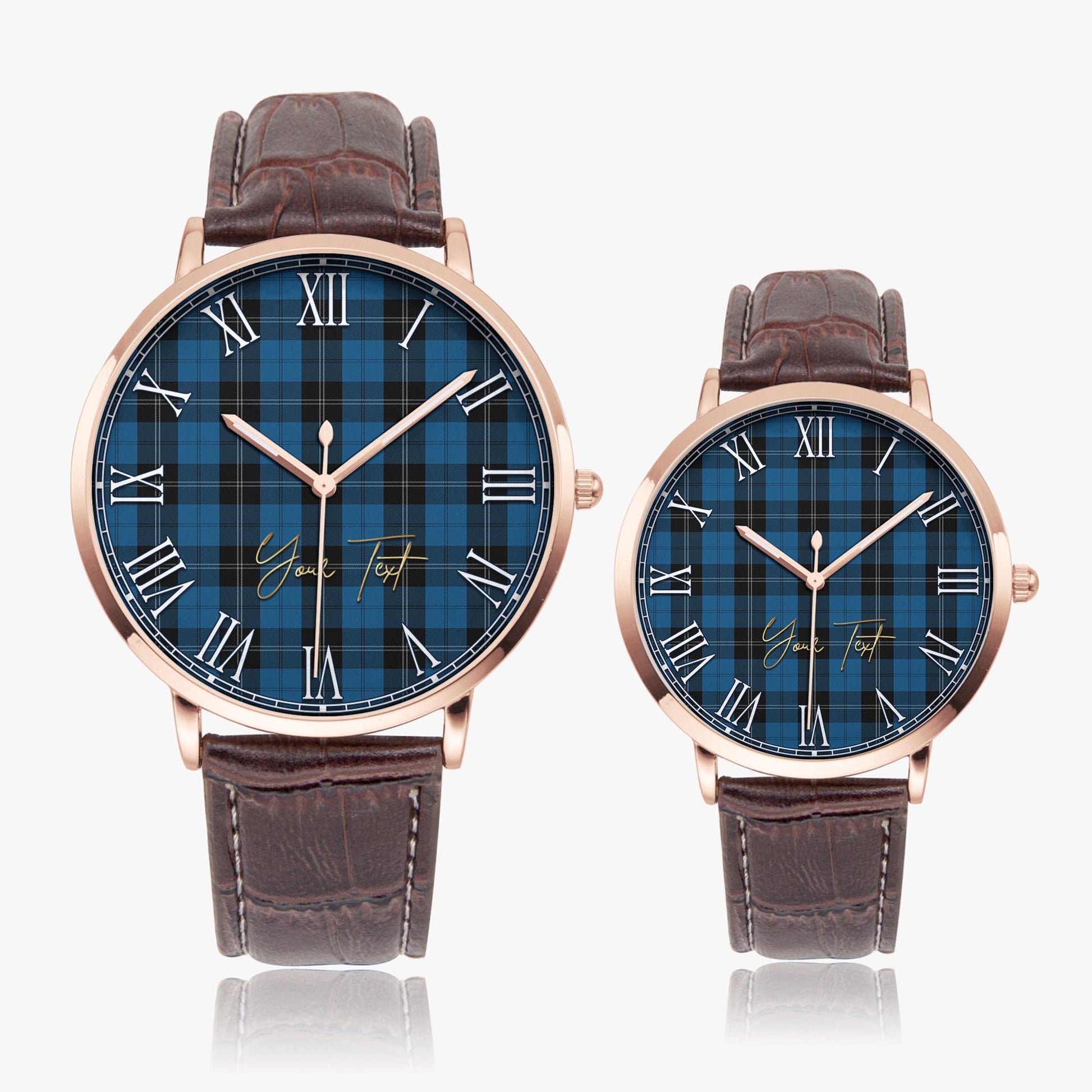 Ramsay Blue Hunting Tartan Personalized Your Text Leather Trap Quartz Watch Ultra Thin Rose Gold Case With Brown Leather Strap - Tartanvibesclothing