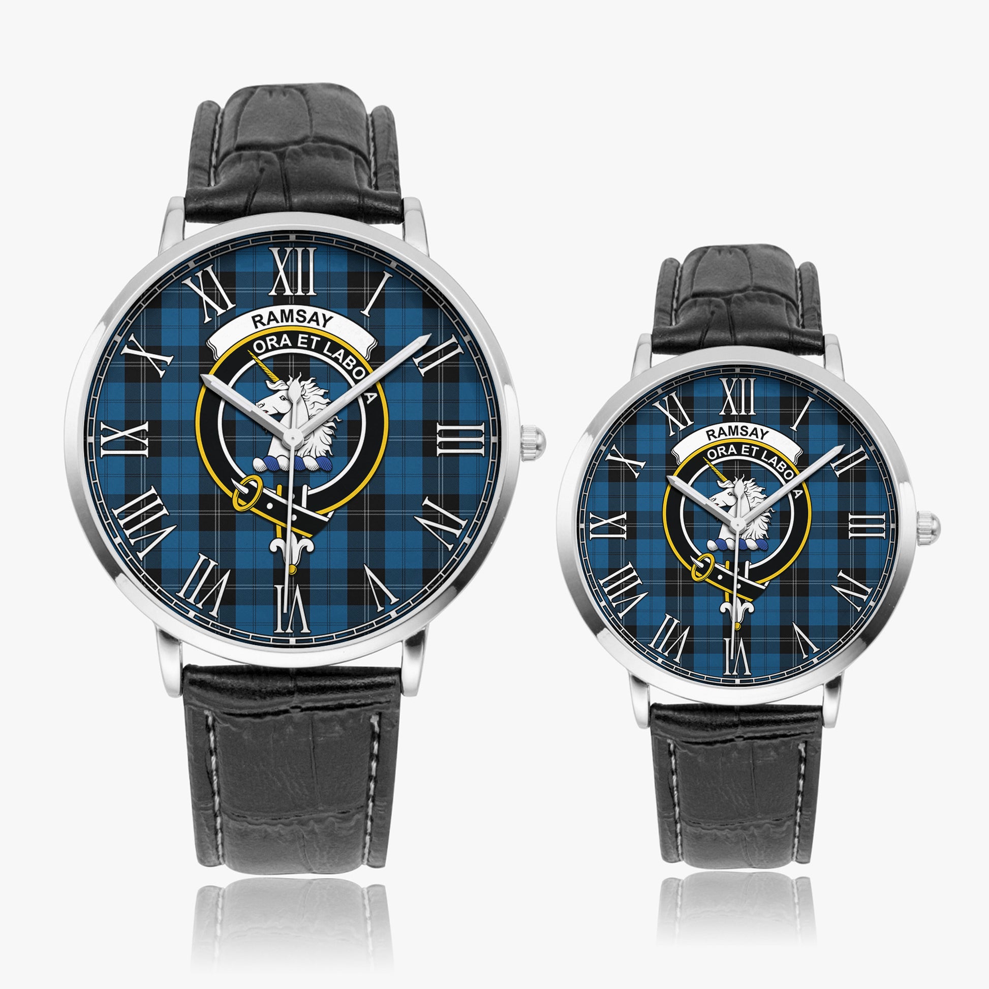 Ramsay Blue Hunting Tartan Family Crest Leather Strap Quartz Watch - Tartanvibesclothing