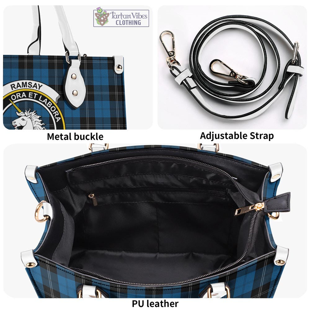 Tartan Vibes Clothing Ramsay Blue Hunting Tartan Luxury Leather Handbags with Family Crest