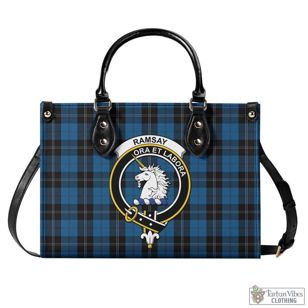 Tartan Vibes Clothing Ramsay Blue Hunting Tartan Luxury Leather Handbags with Family Crest