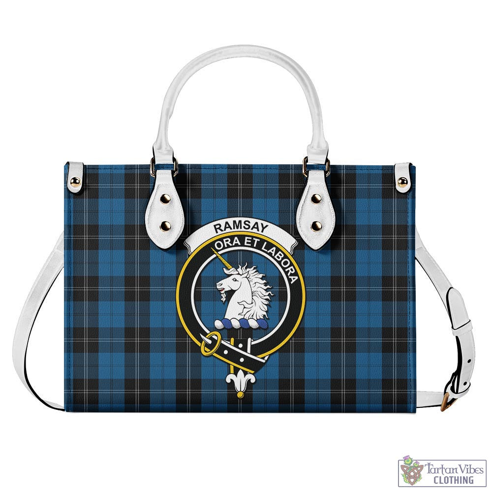 Tartan Vibes Clothing Ramsay Blue Hunting Tartan Luxury Leather Handbags with Family Crest