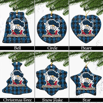 Ramsay Blue Hunting Tartan Christmas Ceramic Ornaments with Scottish Gnome Playing Bagpipes