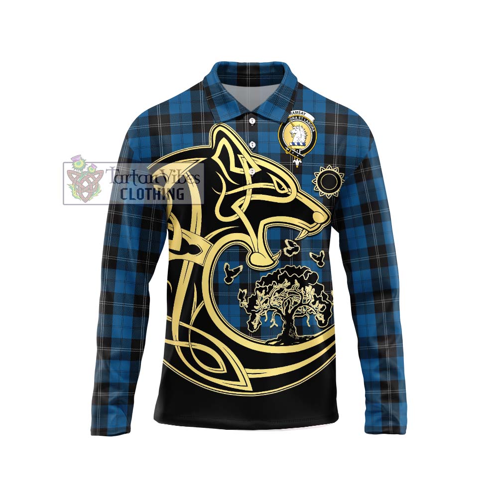 Tartan Vibes Clothing Ramsay Blue Hunting Tartan Long Sleeve Polo Shirt with Family Crest Celtic Wolf Style