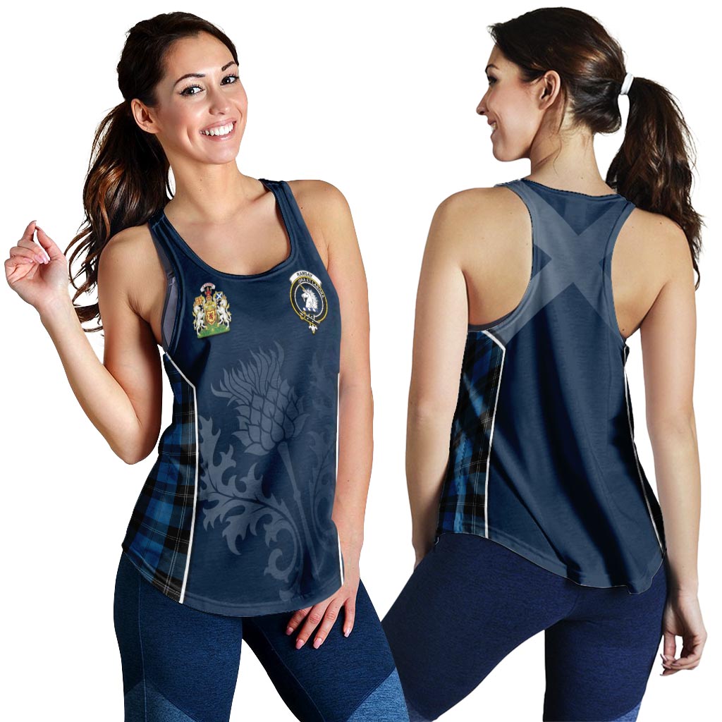Tartan Vibes Clothing Ramsay Blue Hunting Tartan Women's Racerback Tanks with Family Crest and Scottish Thistle Vibes Sport Style