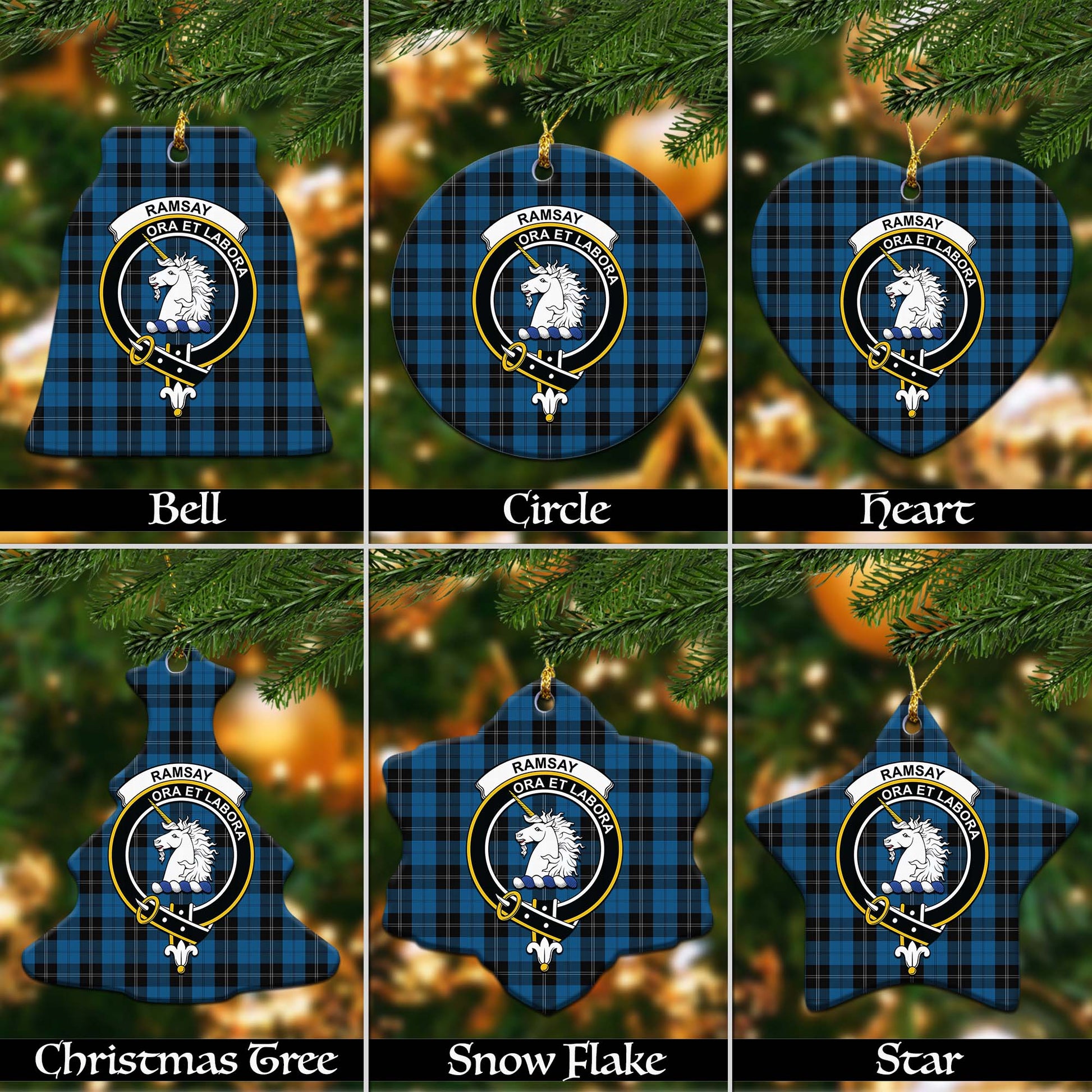 Ramsay Blue Hunting Tartan Christmas Ornaments with Family Crest - Tartanvibesclothing